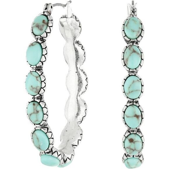 Lucky Brand Silver-Tone and Faux Turquoise Hoop Earrings - Picture 1 of 1